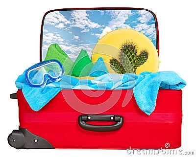 Travel red suitcase packed for vacation, Tropical beach Stock Photo