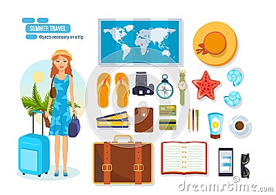 Travel, rest on sea, objects necessary on trip and brought. Vector Illustration