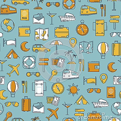 Travel retro line icons vector seamless pattern. Vintage classic colors background. Illustration for web and mobile Vector Illustration