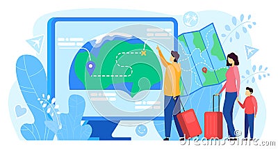 Travel route app vector illustration, cartoon flat traveler tourist family people using map application on computer Vector Illustration