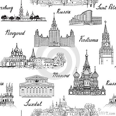 Travel Russia seamless engraved architectural pattern. Famous Ru Stock Photo