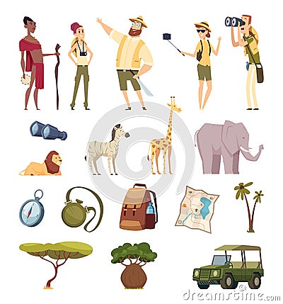 Travel safari. African wildlife adventure elements jungle animals cars compass bag pack Vector Illustration
