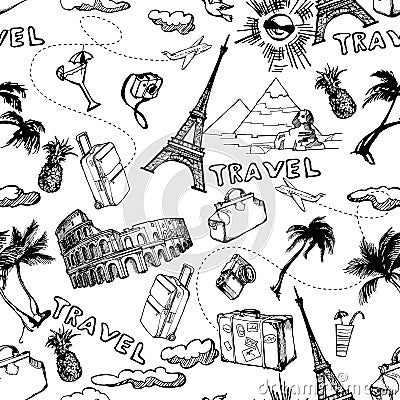 Travel seamless background. Hand drawn summer holidays pattern. Vector Cartoon Illustration