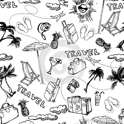 Travel seamless background. Hand drawn summer holidays pattern. Vector Cartoon Illustration