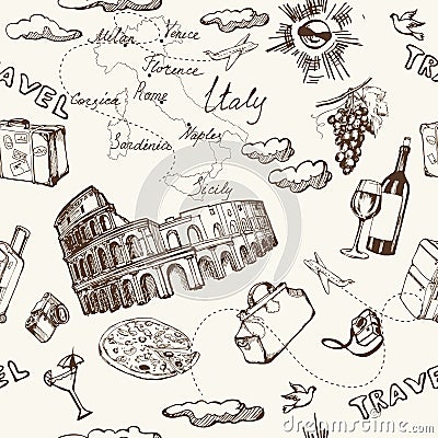 Travel seamless background. Hand drawn summer holidays pattern. Vector Cartoon Illustration