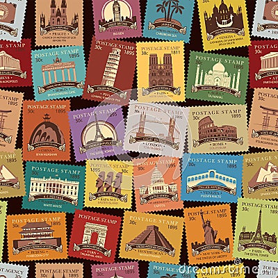 Travel seamless pattern with old postage stamps Vector Illustration