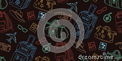 Travel seamless pattern vacation journey doodle drawn scrapbook wrapper baggage endless background Vector Illustration