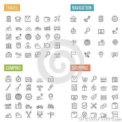 Travel and Shopping Line Icons Vector Illustration