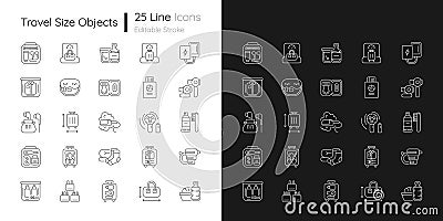 Travel size objects linear icons set for dark and light mode Vector Illustration