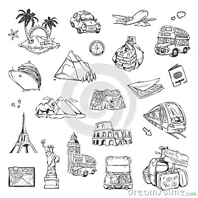 Travel, sketches of vector icons Vector Illustration