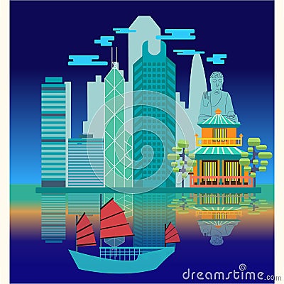 Travel skyline harbour with tourist junk. Vector Illustration