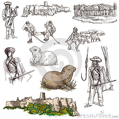 Travel: Slovakia. Pack of full sized hand drawn illustrations. Cartoon Illustration