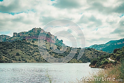 Views of Siurana Lake with a very high flow Stock Photo