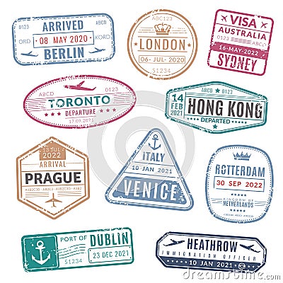 Travel stamp. Vintage passport visa international arrived stamps with grunge texture. Isolated vector set Vector Illustration