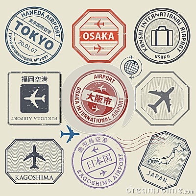 Travel stamps or adventure symbols set, Japan airport theme Vector Illustration