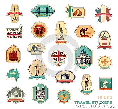 Travel stickers and symbols different countries Vector Illustration