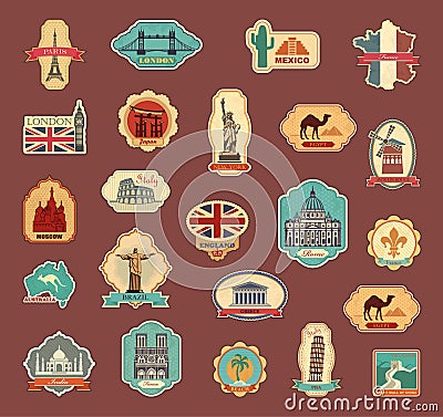 Travel stickers and symbols different countries Vector Illustration