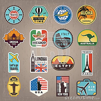 Travel stickers. Vacation badges or logos for travelers vector retro pictures Vector Illustration