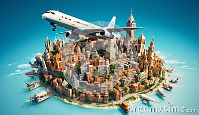 earth concept city europa globe map travel plane illustration global. Generative AI. Cartoon Illustration