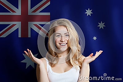 Travel and study in Australia concept with Surperised Pretty girl student with australian flag background Stock Photo