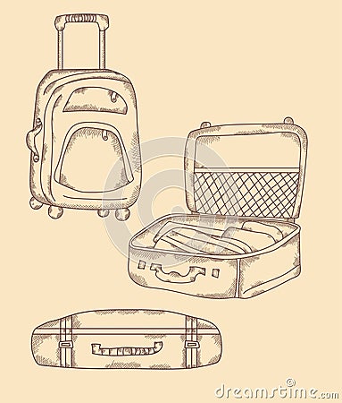 Travel stuff. Different types of suitcase, open, closed, stands on wheels. Vacation Hand drawn vector set, strokes Vector Illustration