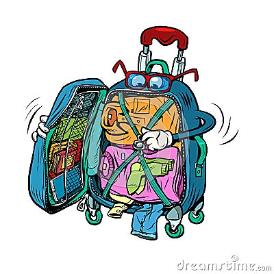 travel suitcase character packs clothes, vacation trip and tourism Vector Illustration