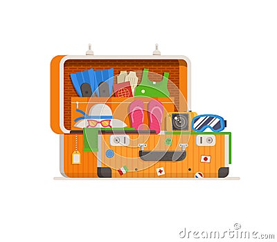 Travel Suitcase Full of Things Vector Illustration