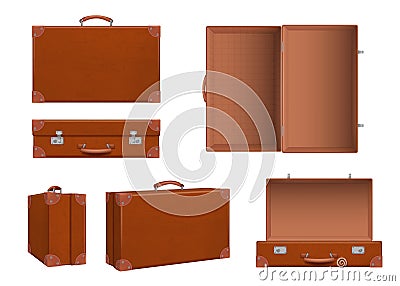 Travel suitcase. Open and closed retro baggage leather suitcase decent vector realistic set Vector Illustration