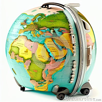 travel suitcase in the shape of a globe with maps of countries and oceans isolated on white, Cartoon Illustration