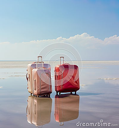 travel suitcases against an abstract background, embodying the essence of adventure and exploration. Stock Photo