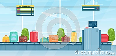 Travel suitcases on baggage conveyor belt in airport terminal, passenger luggage bags Vector Illustration