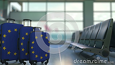 Travel suitcases featuring flag of the European Union. EU tourism conceptual 3D rendering Stock Photo