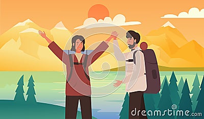 Travel summer destination with couple people, happy tourists standing at hiking point Vector Illustration