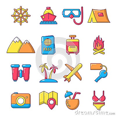 Travel summer icons set, cartoon style Vector Illustration