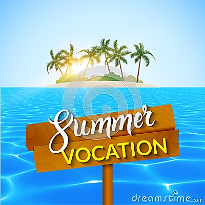 Travel summer island vocation. Island Beach with palms, blue water and sky. Summer vocation vector illustration. Vector Illustration