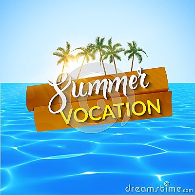 Travel summer island vocation. Island Beach with palms, blue water and sky. Vector Illustration