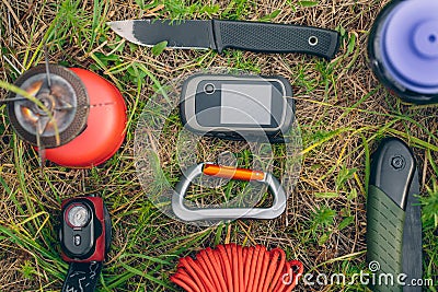 Travel survival kit in the wild Stock Photo