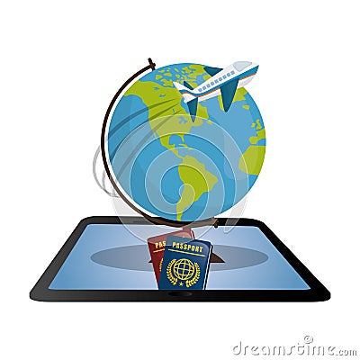 travel tablet globe airplane password design Cartoon Illustration