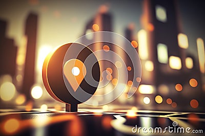 Travel and technologogy concept. Gps icon on bokeh city skyline background. Generative ai Stock Photo