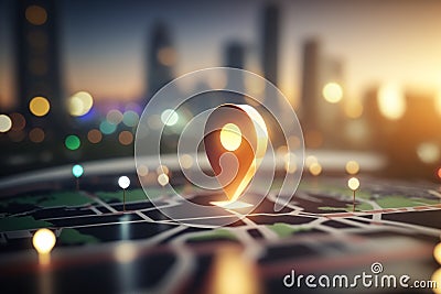 Travel and technologogy concept. Gps icon on bokeh city skyline background. Generative ai Stock Photo