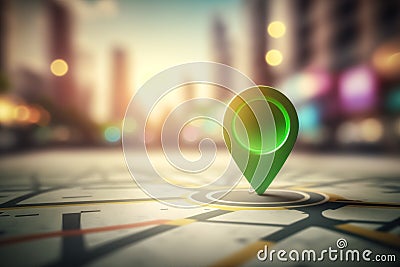 Travel and technologogy concept. Gps icon on bokeh city skyline background. Generative ai Stock Photo