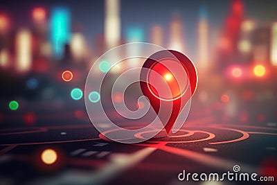 Travel and technologogy concept. Gps icon on bokeh city skyline background. Generative ai Stock Photo