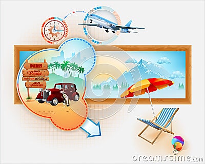 Travel template with classic car in front of exotic view Vector Illustration