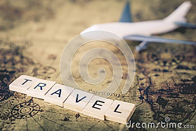 Travel text with plane on vintage map for Travel the world Stock Photo