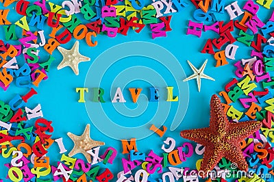 Travel text with starfishes and many color letters. Time to travel text written on photo frame, Summer time and vacation Stock Photo