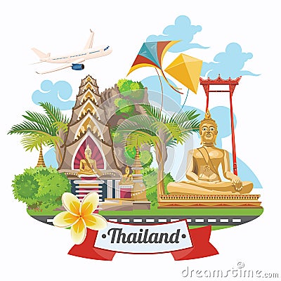 Travel Thailand landmarks with airplane. Thai vector icons. Vector Illustration