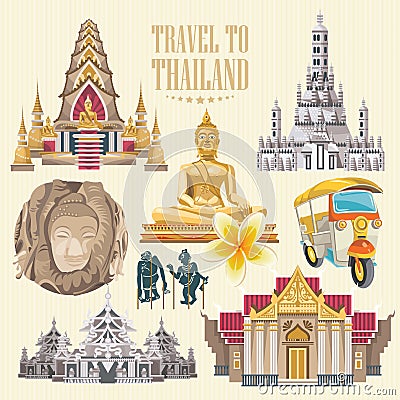 Travel Thailand landmarks with colorful elements. Thai vector icons. Vector Illustration