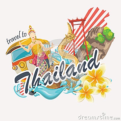 Travel Thailand landmarks with cute elements. Thai vector icons. Vector Illustration