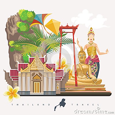 Travel Thailand landmarks with girl dancer. Thai vector icons. Vector Illustration