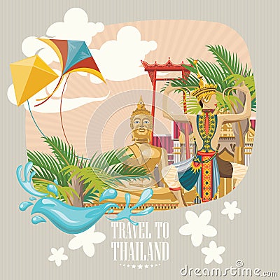 Travel Thailand landmarks with kites. Thai vector icons. Vector Illustration